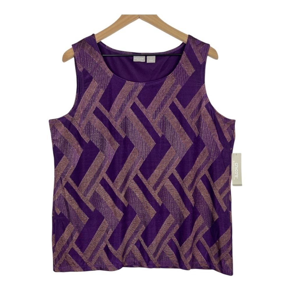Chico’s Travelers Sz 3 (16 - 18) Purple Jacquard Print Lurex Tank NWT